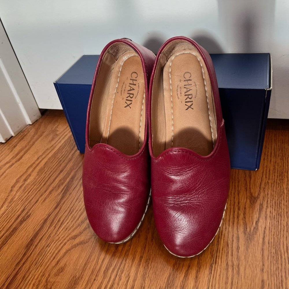Charix Women's Handmade Leather Artisan Slip-On Loafers in Bordeaux color